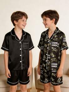 Tween Boy Game Console Pure Black Short Sleeve Shorts Pajama 4-Piece Set - Multicolor - View 4