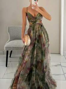 Lightweight Printed Tulle Strappy Dress For Spring And Summer - 軍綠色 - 查看 1