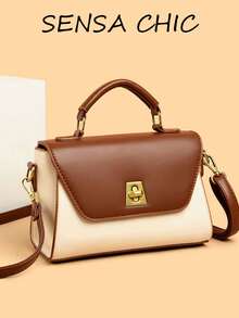 New Fashion Solid Color PU Waterproof Material, Contrast Color Design, Snap Closure, Portable Square Bag, Crossbody Shopping - White - View 6