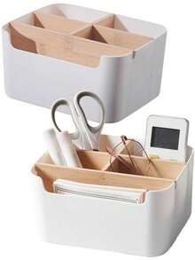 1 pieza Caja organizadora de cables de madera de bambú, organizador de cables de datos, caja de almacenamiento de cables de alimentación, caja de clasificación, estante de cables de computadora, caja de enchufes - Multicolor - Ver 5