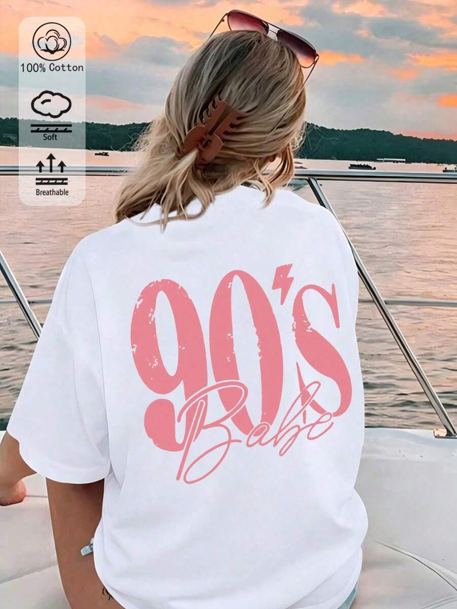 T-Shirt Oversize Vintage Con Stampa Grafica Degli Anni '90, 100% Cotone, Morbida E Traspirante, A Maniche Corte, Casual Da Spiaggia, Abbigliamento Sportivo Alla Moda Per Donna, P - 魏 - 查看 1