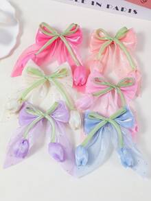 6pcs Girls Mesh Tulip Bow Sweet Versatile Ponytail Hair Clip Back Of Head Hair Pin Hair Accessory For Daily Use And Gift - Multicolor - View 1