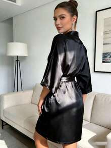 Bata de baño de manga corta de unicolor para mujer, adecuada para primavera y verano, hogar, hotel, fiesta, traje de baño, vestido corto/camisón de temporada de bodas, se puede usar como bata de mañana, camisón, atuendo de preparación para la fiesta de novia, accesorio para la ceremonia de boda y el banquete, suministros para fiestas de vacaciones - Negro - Ver 9