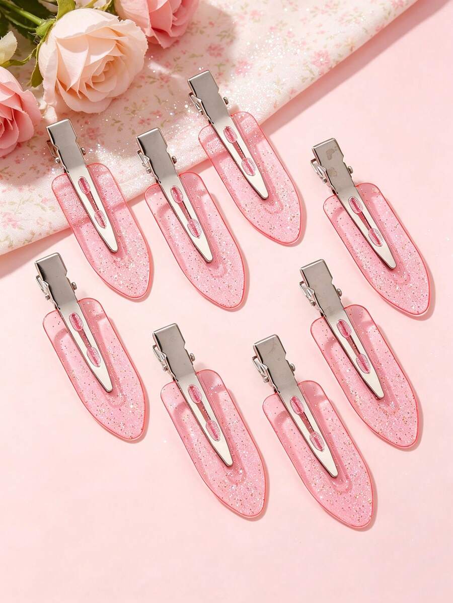 8pcs Girls Teen Hair Accessories Fashionable Elegant Pink Glittery No-Mark Hair Clips Bangs Alligator Hair Clips Side Clips Hairpins, Suitable For Daily Spring And Summer Decoration And Matching - Pink - View 1