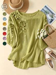 Plus Size Women's Embroidered Loose Bohemian Vintage Blouse, Casual Spring/Summer Top - Green - View 5
