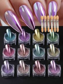 12 Colors Holographic Nail Powder Set, Mirror Effect Y2K Style, With 6 Application Sticks, Suitable For Nail Artist Salon Set And Beginners - Multicolor - View 7