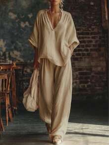Plus Size Solid Color V-Neck Loose Top & Wide Leg Pants Two-Piece Set For Women - 卡其色 - 查看 3