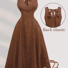 jianchaimaoyi02  Vestido sin mangas con cuello en V y cintura acampanada para mujer de talla grande, vestido elegante para vacaciones, citas, con estampado floral, vestido largo - Caqui - Ver 1