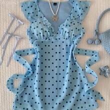 Soqi Women's Clothing  Vestido corto de mujer con estampado de lunares y volantes en el bajo - Café integral - Ver 8