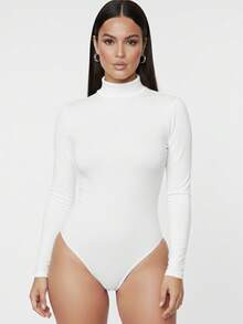 Women's Bodysuit With High Neck And Long Sleeves - White - View 7