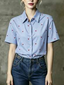 Spring/Summer French Vintage Blue & White Striped Red Heart Print Women's Shirt, Loose Casual Commute Vacation - Blue - View 4