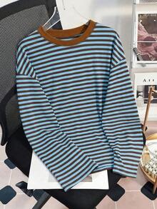 Casual Loose Fit Blue And Brown Striped Long Sleeve T-Shirt, Comfortable For Daily Wear And Commuting, Slimming And Versatile. Summer Clothing, Women's Resort Wear, Women's Summer Outfits, Women's Spring Outfits, Tops, Women's Party Outfits - Blue-brown - View 8