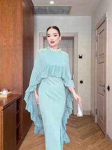 Old Money Taupe Capelet Maxi Dress, Crystal Neck Chiffon Cape Overlay Mermaid Gown With Side Slit For Formal Events & Modest Wear - Verde Niebla - Ver 8