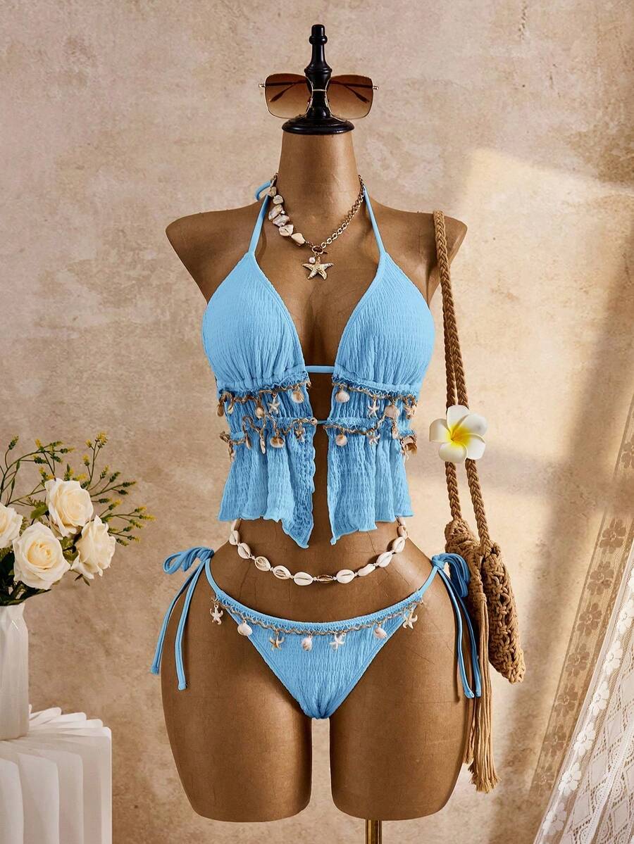 Bellisia Conjunto de tankini con textura jacquard para vacaciones de primavera/verano en la playa - Azul - Ver 1