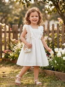 Young Girls Fashionable Lace Sleeveless Princess Vacation Dress, Summer - White - View 2