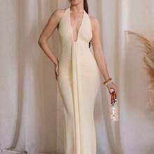jianchaimaoyi02  Elegante vestido de cuello en V profundo amarillo crema sexy para mujer, primavera/verano - Blanco - Ver 5