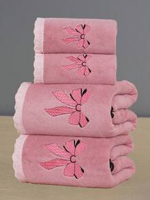1/2/3件珊瑚絨吸水刺繡蝴蝶結（珊瑚絨）超細纖維浴巾或手巾，時尚風格，柔軟親膚浴室毛巾，適用於浴室、酒店、健身房、旅行、禮物、沙龍、運動、戶外、海灘、學校、開學、旅行配件、居家必需品、毛巾、護膚 - 珊瑚粉 - 查看 3