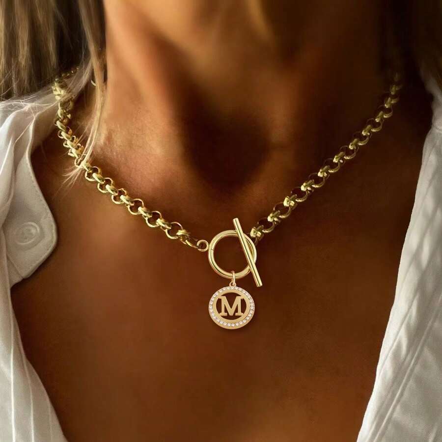 1pc Minimalist Gold Round Hollow Initial Pendant T-Clasp Stainless Steel Chain Necklace For Women - Golden Yellow Micro-inlaid Round - View 1