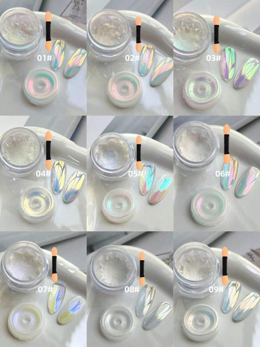 變色龍極光珍珠美甲粉附抹布工具,幻彩紫綠藍漸變鏡面粉,魔幻閃耀冰透亮面美甲DIY裝飾配件套組,美人魚風(0.5g/瓶) - 彩色 - 查看 1