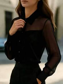 1 pieza Blusa elegante de mujer con parches de malla, adecuada para salidas diarias, ir al trabajo y atuendos de aeropuerto, color negro, primavera - Burdeos - Ver 8