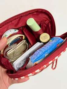 Red Plaid Cherry Embroidery Makeup Bag, Shell-Shaped Portable Toiletry Bag With Wrist Strap, Cute Summer Beauty Makeup Pouch, Suitable For Beach Travel - Multicolor - View 8