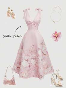 MOD Vestido de fiesta elegante con estampado floral y cintura anudada para mujer de talla grande, Vestido floral rosa, Vestido rosa para té, Vestido formal floral, Vestido de invitada de boda para mujer, Atuendos de primavera/verano, Atuendo de té para mujer, Vestido cottagecore, Vacaciones, Cumpleaños, Día de San Valentín, Atuendos de vacaciones - Rosa - Ver 1