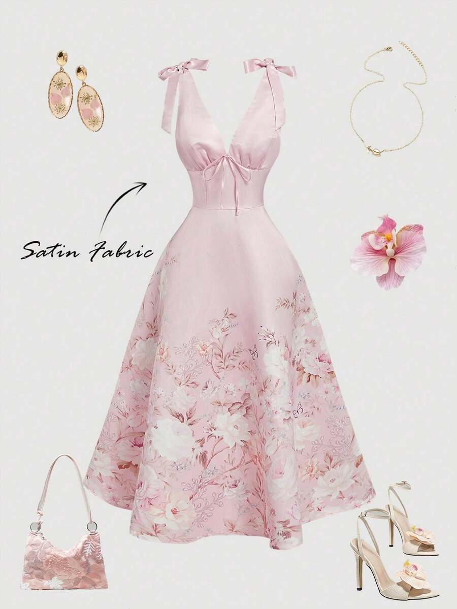 MOD Vestido de fiesta elegante con estampado floral y cintura anudada para mujer de talla grande, Vestido floral rosa, Vestido rosa para té, Vestido formal floral, Vestido de invitada de boda para mujer, Atuendos de primavera/verano, Atuendo de té para mujer, Vestido cottagecore, Vacaciones, Cumpleaños, Día de San Valentín, Atuendos de vacaciones - Rosa - Ver 1