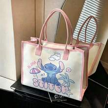 Miniso 迪士尼史迪奇 Aloha 海灘主題帆布托特包，太陽雲朵棕櫚樹雨傘印花肩背包，大容量休閒日常包，適用於上學、購物、旅行 - 黑色 - 查看 4