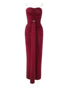 New Pleated Bandeau Maxi Dress With Open Back - Burgundy - View 5