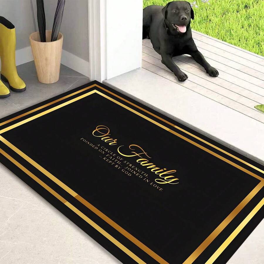 1pc Black & Gold Our Family Pattern Printed Kitchen Mat, Non-Slip Floor Mat, Holiday Party Decor Mat, Rug, Oil-Resistant Foot Mat, Quick-Dry Carpet, Suitable For Kitchen, Hallway, Bathroom, Laundry Room, Home Decor - Multicolor - View 1