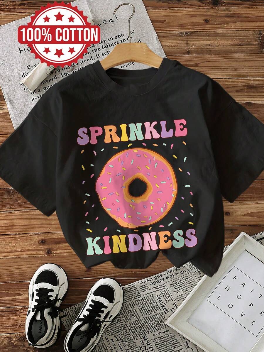 Minimalista. 100% algodón. Top de una pieza para mujer, primavera/verano. Estilo lindo. Donut. Chispas de colores. SPRINKLE KINDNESS. Algodón puro. Casual. Corte holgado. Cuello redondo. Camiseta de manga corta. [Yang]. Top de primavera/verano. - Negro - Ver 1