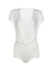 Pelele Coqueta Sexy de gato extraño para mujer, pantalones cortos de manga con cuello en V profundo, faja fruncida con nudo de retales, monos ajustados de calle para Club de medianoche - Negro - Ver 8