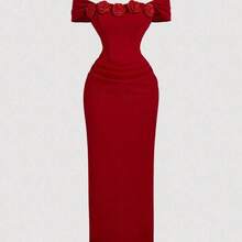 jianchaimaoyi02  MOD Vestido tubo midi con fruncido floral 3D en color rojo para mujer, vestido de invitada de boda de otoño, vestido de graduación, Año Nuevo, Día de San Valentín - Rosa - Ver 4