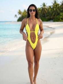SHMODAS Sexy Curtain Top Swimsuit - 霓虹黃 - 查看 3