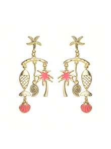 2pcs High Quality Conch Starfish Fish Shell Coconut Tree Bohemian Style Multicolor Metal Women Earrings, Suitable For Daily Commute, Party, Beach Vacation - Multicolor - View 11