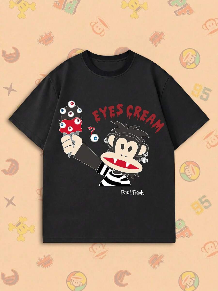 SHEIN X  PAUL FRANK 女款夏季寬鬆街頭風T恤，黑色，恐怖卡通猴子與「Eyes Cream」印花，適合日常、萬聖節與休閒穿著 - 黑色 - 查看 1