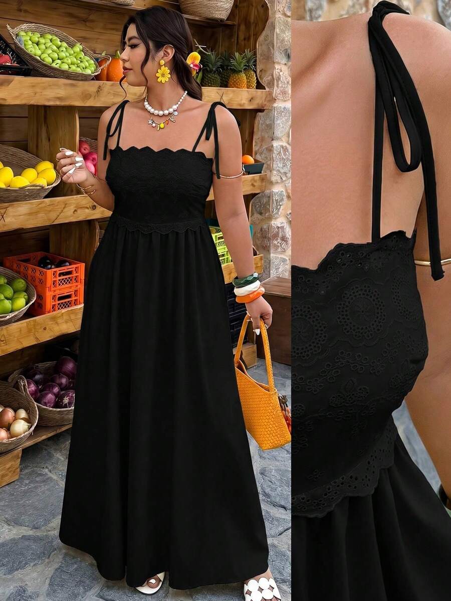 Vestido largo de unicolor sin mangas con cuello cuadrado de encaje jacquard, elegante y casual para vacaciones, tallas grandes, primavera/verano - Negro - Ver 1
