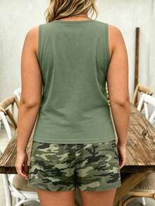 2pcs Plus Size Women Camo Shorts Set, Including Sleeveless Tank Top And Drawstring Pocket Shorts, Casual Summer Outfit Elegant - Army Green - View 2