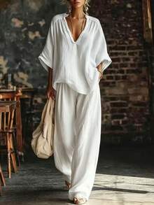 Plus Size Solid Color V-Neck Loose Top & Wide Leg Pants Two-Piece Set For Women - White - View 1