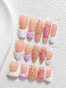 10Pcs Soft Gentle Style Handmade Press On Nail,Polygel Nail Set,Hand Sculpted Five Petal Flowers And Water Ripple,White And Pink Nail Polish,Vibrant Style,Includes Nail Tools,3 Sizes Available,Almond,Duck,Coffin Nails For Party,Dance,Daily Wear. - 彩色 - 查看 1