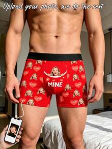 1件客製化人臉與「MINE」印花男士四角內褲，個性化照片內褲，趣味「女友財產」惡搞禮物送給他 - 紅色 - 查看 3