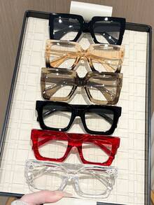 6 Pairs Summer Pastel Vibrant Colorful Plastic Full Frame Geometric Pattern Women's Transparent Glasses, Suitable For Holiday Gifts, Music Festivals, Cosplay, Weekend Outfits, Back To School Essential Fashion Accessories - 6pcs Black and Red Champagne Cold Tea Transparent White Flat - View 7