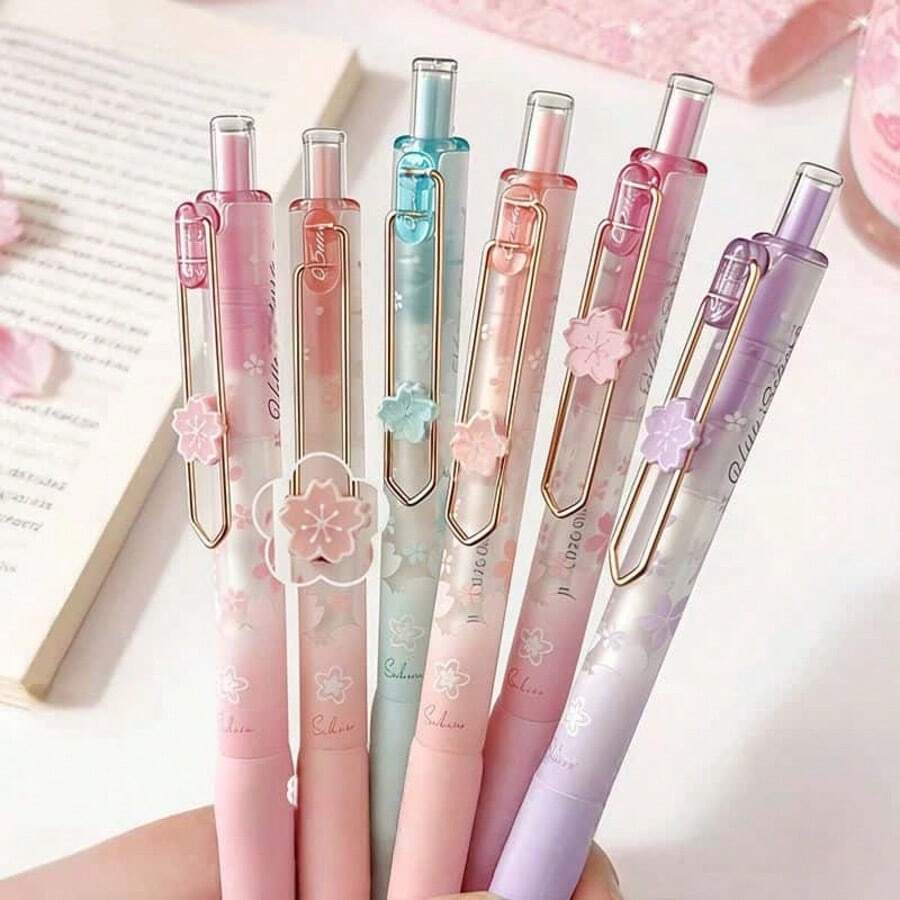 1支櫻花設計中性筆，高美感櫻花圖案，快乾順滑，0.5mm黑色可伸縮筆，附花朵筆夾，舒適握感，適合學校與辦公室書寫文具－隨機顏色 - A - 查看 1