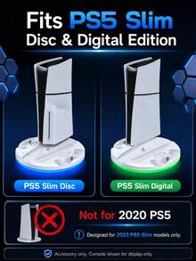 1件装，兼容PlayStation 5/Slim的必备配件，适用于PlayStation 5/Slim主机支架，夏秋两季礼物，带LED灯，夏季游戏配件，PS 5手柄充电座，游戏配件，游戏机，游戏机配件，适合主机玩家 - 白色 - 查看 3