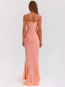Elegant Women's Spaghetti Strap Backless Ruffle Hem Knit Asymmetric Cocktail Party Maxi Dress - Pink - View 7