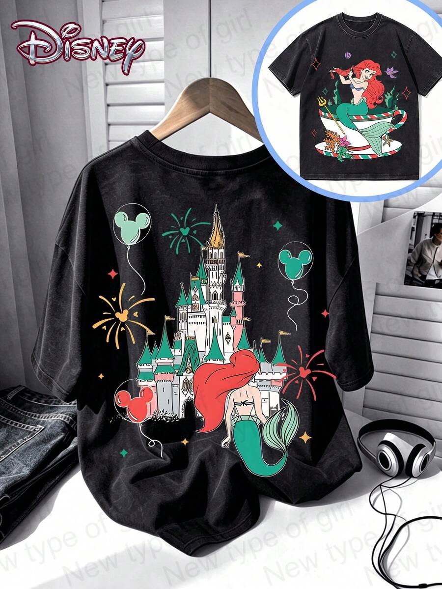 Disney The Ariel Castle Washed T-Shirt, Ariel Magic Castle Graphic Tee, Retro Ariel And Castle Shirt, Casual Disney Princess Top, Mermaid Ariel Fireworks Tee - 黑色 - 查看 1