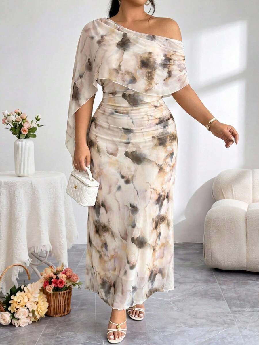 Vestido asimétrico de hombro con estampado minimalista de talla grande - Multicolor - Ver 1