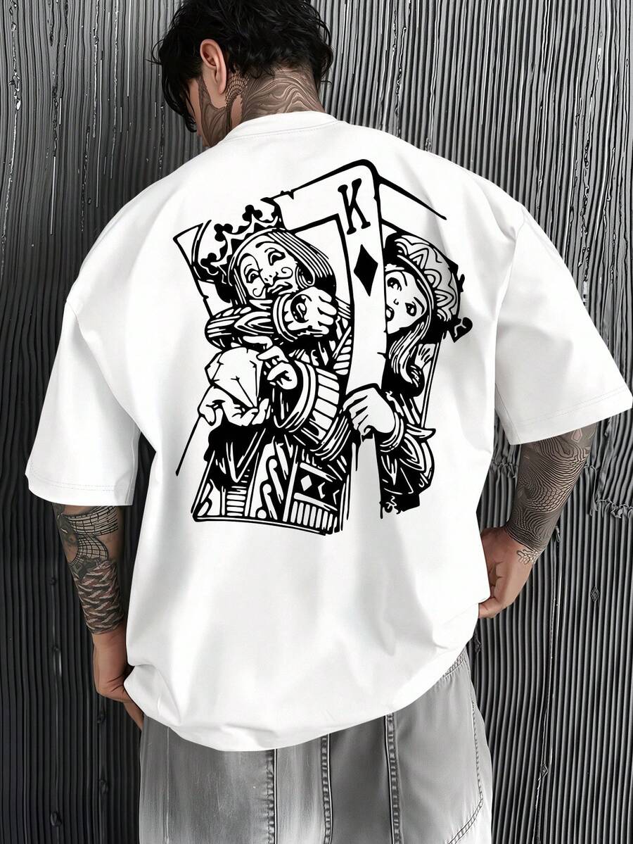 Minimalist. 100% Cotton. One-Piece T-Shirt With A Deconstructed And Reconstructed "K" Poker Card Motif Print: A Cool, Comfortable Essential For Men. A Top For Spring And Summer. - White - View 1