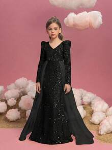 Tween Girls Long Sleeve Sequin Contrast Mesh Maxi Party Dress - Black - View 6