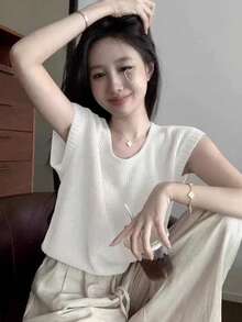 [Y6Y]Atasan Rajut Lengan Pendek Leher Bulat Musim Panas, Bahu Reguler Potongan Longgar, Kaos Putih Sederhana, Menyegarkan, dan Serbaguna - Putih - View 7